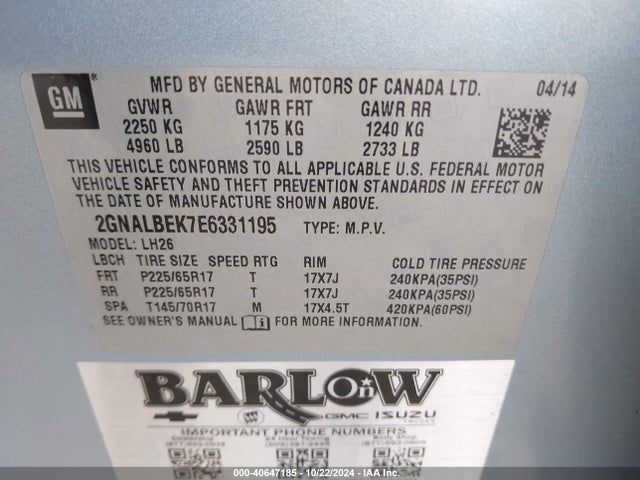 Chevrolet EQUINOX 1LT 2014 2GNALBEK7E6331195 Image 9