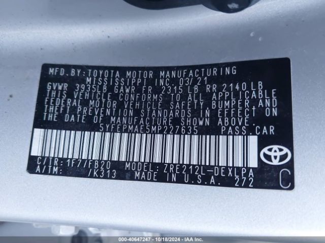 5YFEPMAE5MP227635 Toyota COROLLA LE