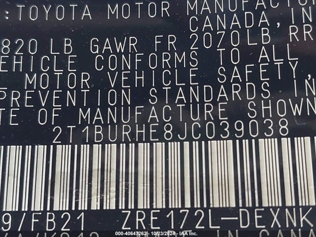 Toyota COROLLA LE 2018 2T1BURHE8JC039038 Image 9