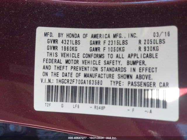 Honda ACCORD EX 2016 1HGCR2F70GA163580 Image 9