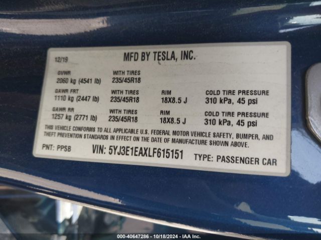 5YJ3E1EAXLF615151 Tesla Model 3 Standard Range Plus Rear-wheel Drive/standard Range Rear-wheel Drive