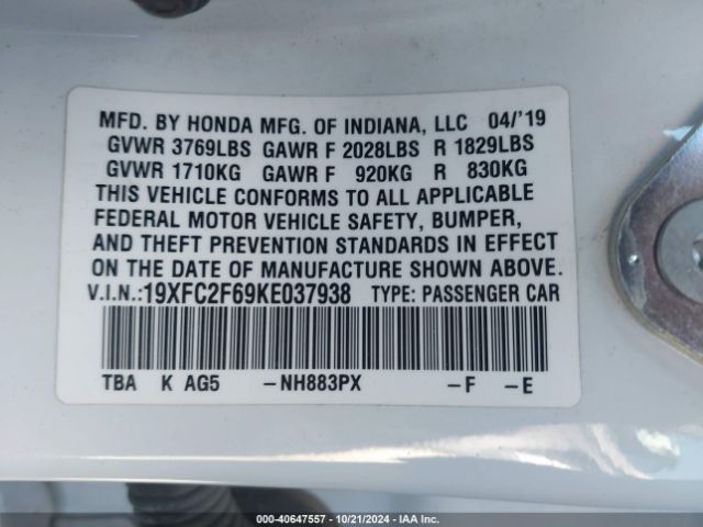 19XFC2F69KE037938 Honda Civic Lx