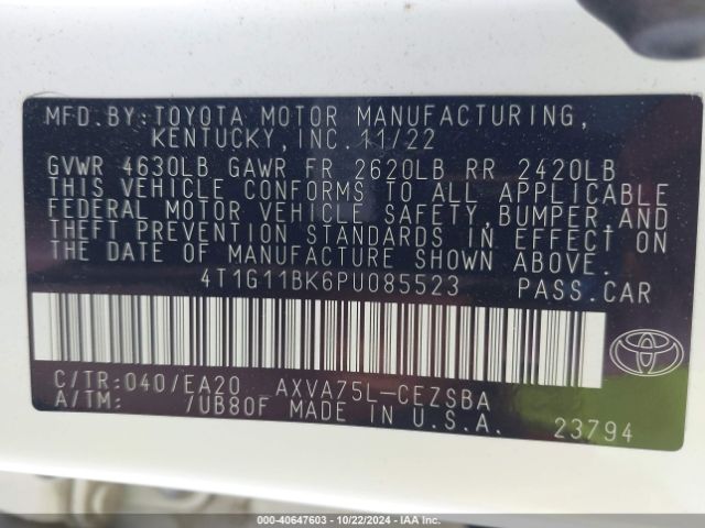 4T1G11BK6PU085523 Toyota Camry Se Awd