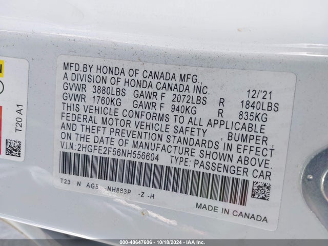 Honda Civic 2022 2HGFE2F56NH556604 Image 21