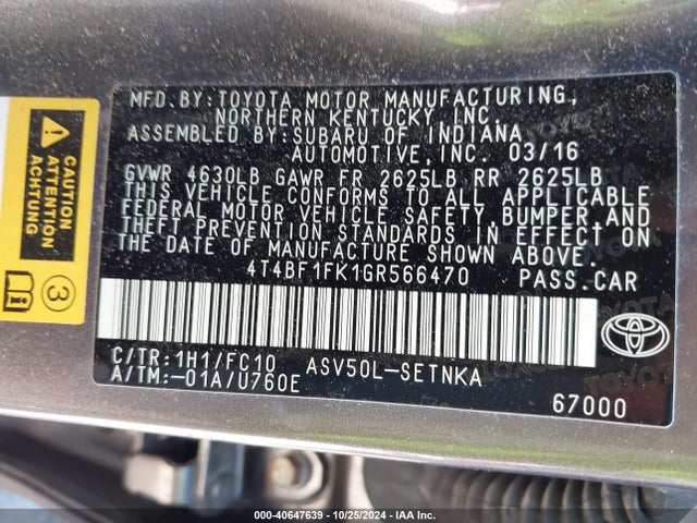 Aukcja sprzedaży 2016 Toyota Camry Le, vin: 4T4BF1FK1GR566470, numer aukcji: 40647639