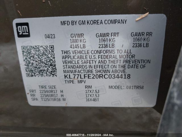 KL77LFE20RC034418 Chevrolet Trax Fwd Sp