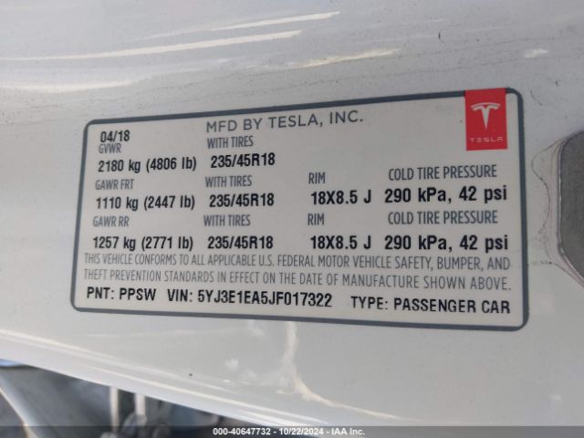 5YJ3E1EA5JF017322 Tesla Model 3 Long Range/mid Range