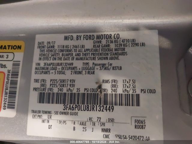 3FA6P0LU8JR132449 Ford Fusion Hybrid Se