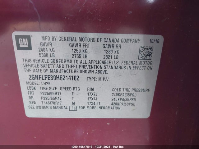 Chevrolet EQUINOX LT 2017 2GNFLFE30H6214102 Image 9