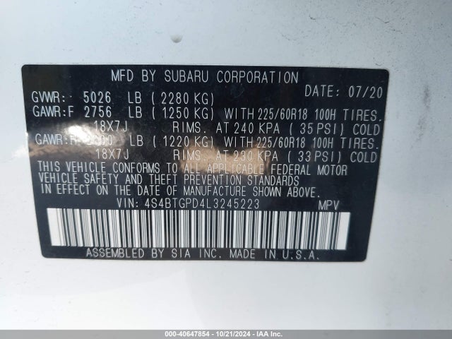 Subaru Outback Touring Xt 2020 4S4BTGPD4L3245223 Image 9