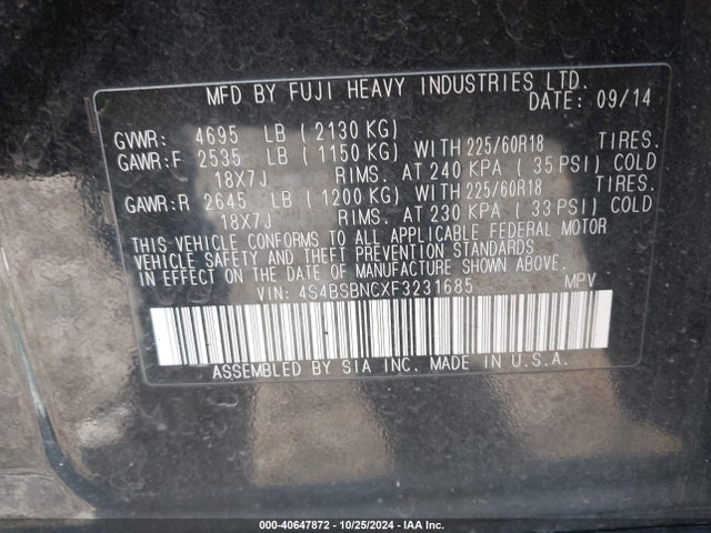 Subaru Outback 2.5i Limited 2015 4S4BSBNCXF3231685 Image 9