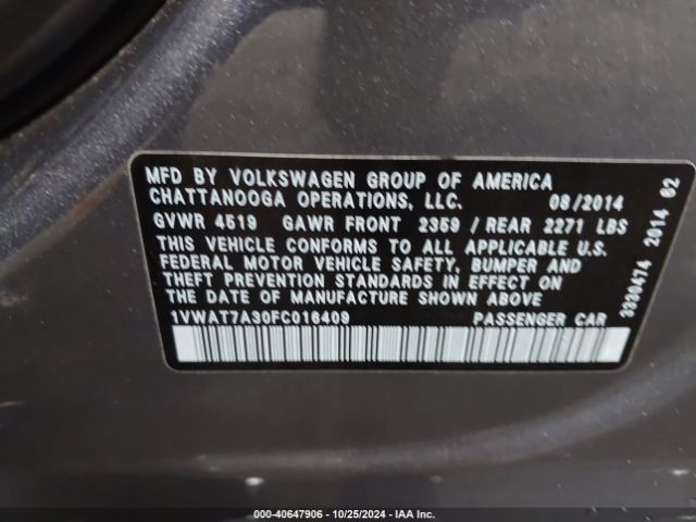 1VWAT7A30FC016409 Volkswagen Passat 1.8t Wolfsburg Edition