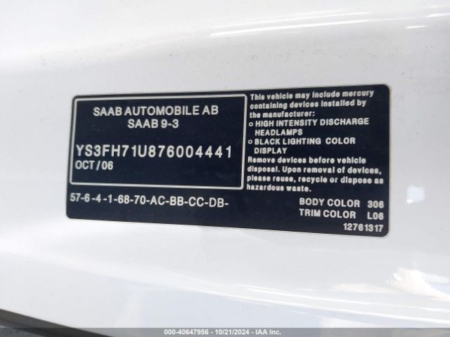 2007 SAAB 9-3 YS3FH71U876004441 Photo 8