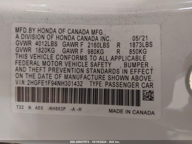 2HGFE1F94NH301432 Honda Civic Touring