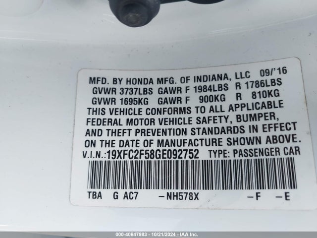 Honda Civic Lx 2016 19XFC2F58GE092752 Image 9