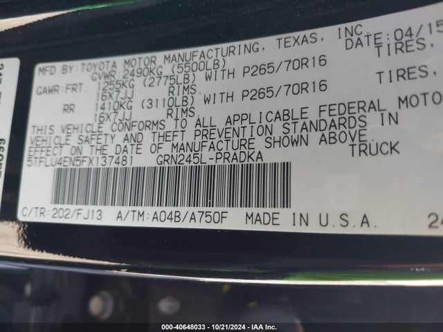 Toyota Tacoma Double Cab/trd Pro 2015 5TFLU4EN5FX137481 Image 9