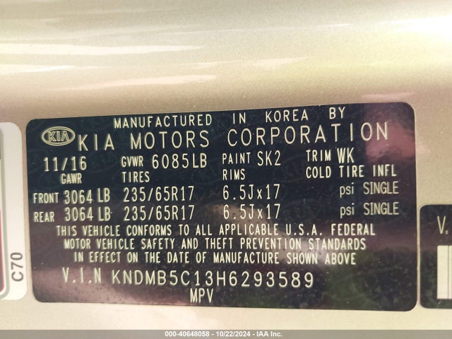 KIA SEDONA LX 2017 KNDMB5C13H6293589 Image 9