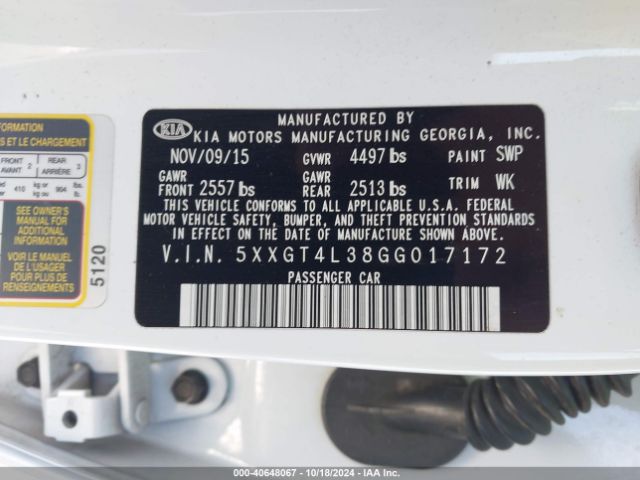 5XXGT4L38GG017172 KIA Optima Lx