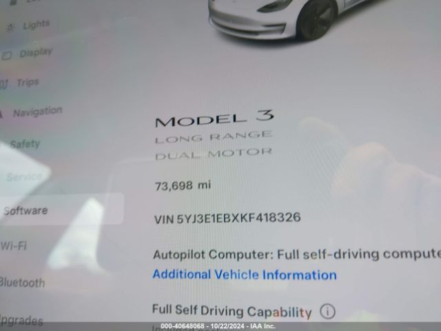 5YJ3E1EBXKF418326 Tesla Model 3 Long Range/performance
