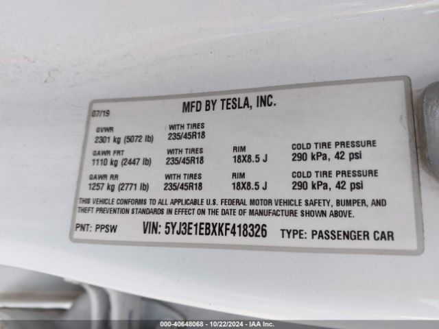 5YJ3E1EBXKF418326 Tesla Model 3 Long Range/performance