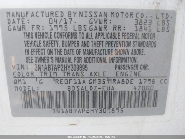 Nissan SENTRA SV 2017 3N1AB7AP2HY309895 Image 9