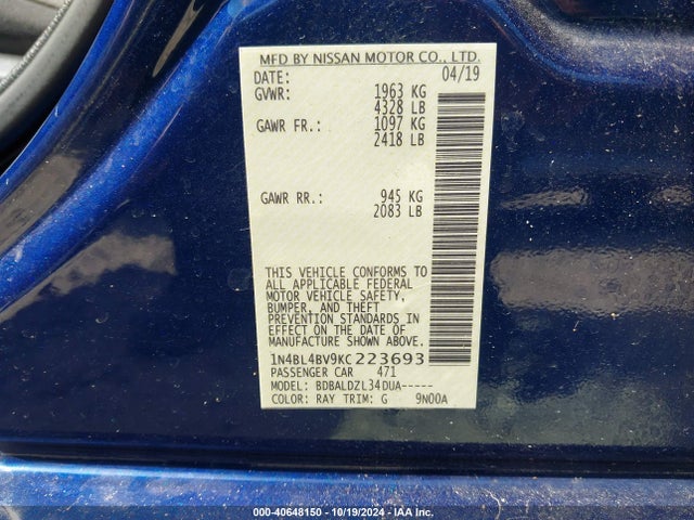 Nissan Altima 2.5 S 2019 1N4BL4BV9KC223693 Image 9