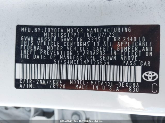 5YFS4MCE1NP125954 Toyota Corolla Se Apex Edition