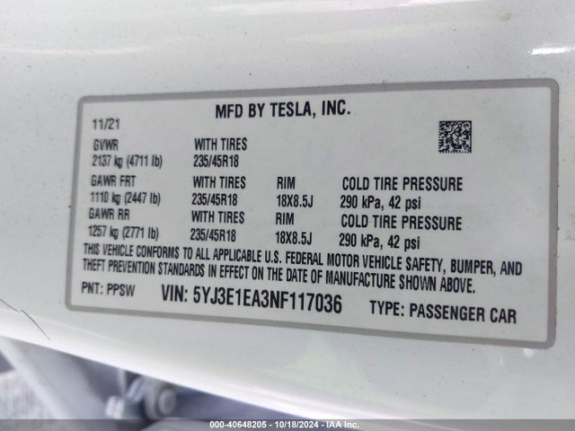 2022 TESLA MODEL 3 5YJ3E1EA3NF117036 Photo 8