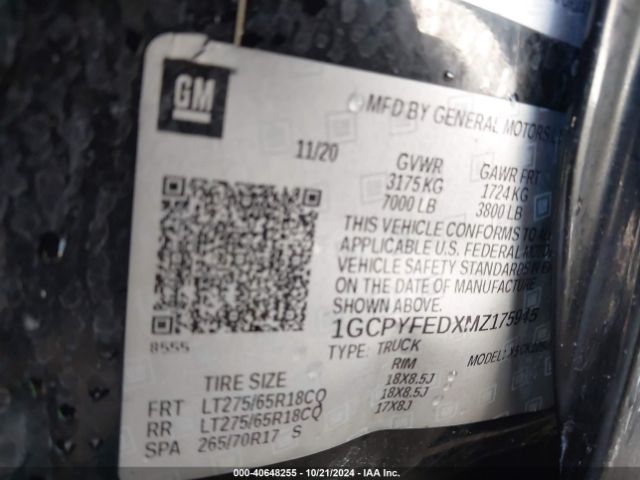 1GCPYFEDXMZ175945 Chevrolet Silverado 1500 4wd  Short Bed Lt Trail Boss