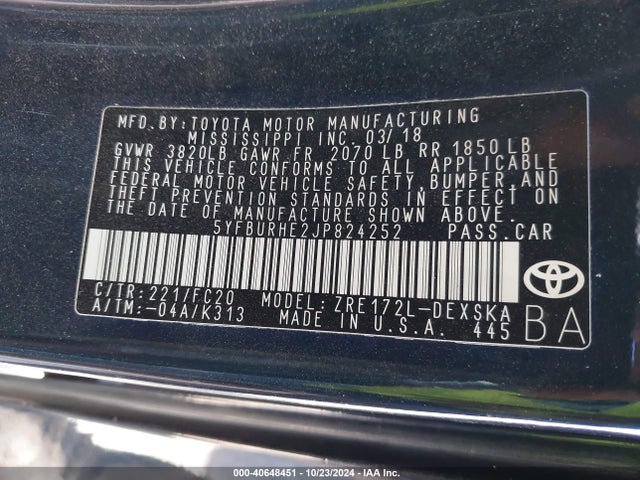 Toyota COROLLA SE 2018 5YFBURHE2JP824252 Image 9