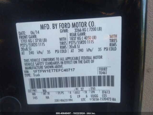 1FTFW1ET7EFC40717 Ford F-150 Lariat
