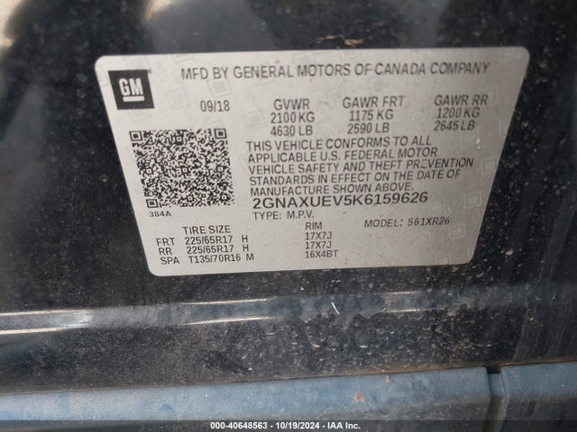 Chevrolet EQUINOX LT 2019 2GNAXUEV5K6159626 Image 9