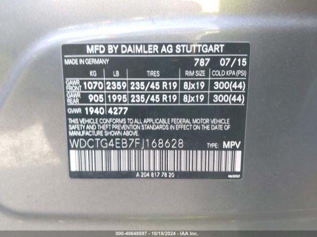 WDCTG4EB7FJ168628 Mercedes-Benz GLA 250