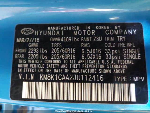 KM8K1CAA2JU112416 Hyundai Kona Se