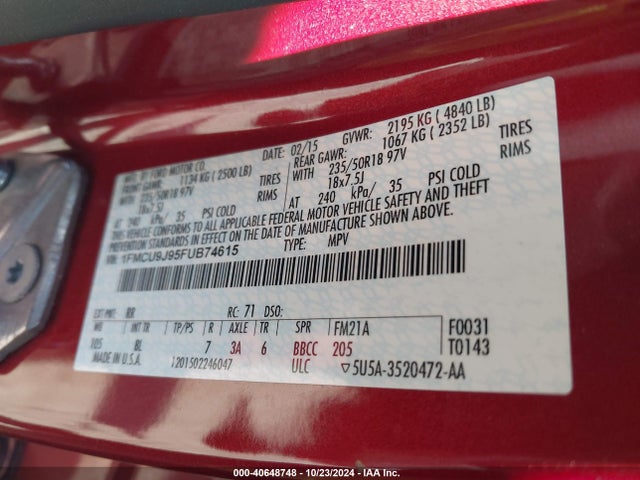 Ford Escape Titanium 2015 1FMCU9J95FUB74615 Image 9