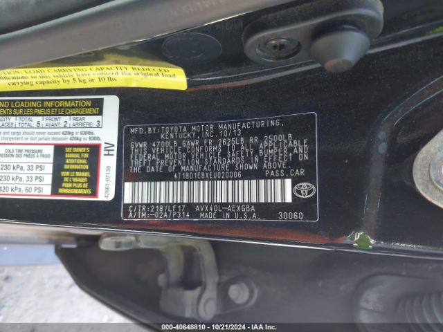 4T1BD1EBXEU020006 Toyota Avalon Hybrid Xle Premium