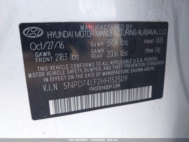Hyundai ELANTRA SE 2017 5NPD74LF2HH152509 Image 9
