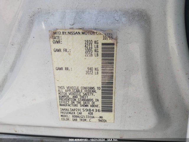 Nissan Altima 2.5 S 2015 1N4AL3AP2FC598436 Image 9