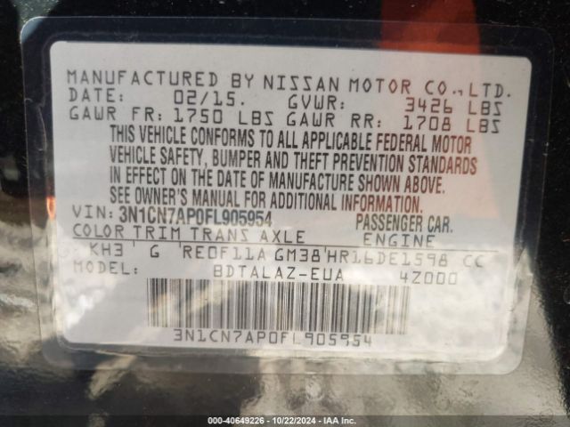 3N1CN7AP0FL905954 Nissan Versa 1.6 S+