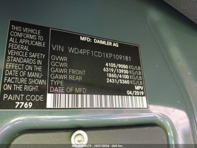 WD4PF1CD1KP109181 Mercedes-Benz Sprinter 2500 High Roof V6