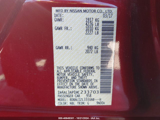Nissan Altima 2.5 Sv 2017 1N4AL3AP1HC233703 Image 9