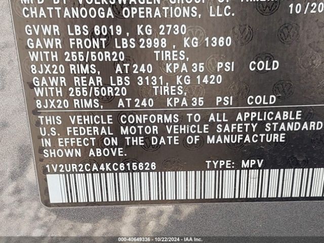 1V2UR2CA4KC615626 Volkswagen Atlas 3.6l V6 Se W/technology