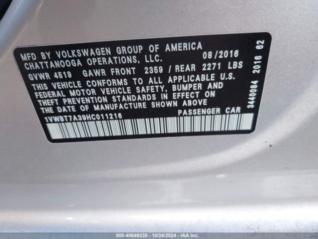 1VWBT7A39HC011216 Volkswagen Passat 1.8t Se