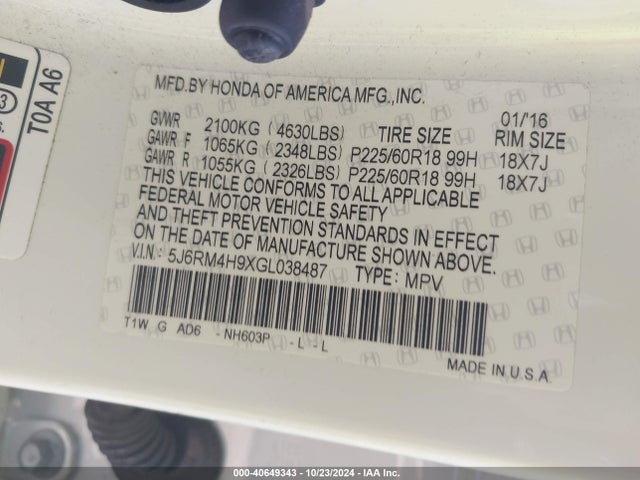 Honda Cr-v Touring 2016 5J6RM4H9XGL038487 Image 9