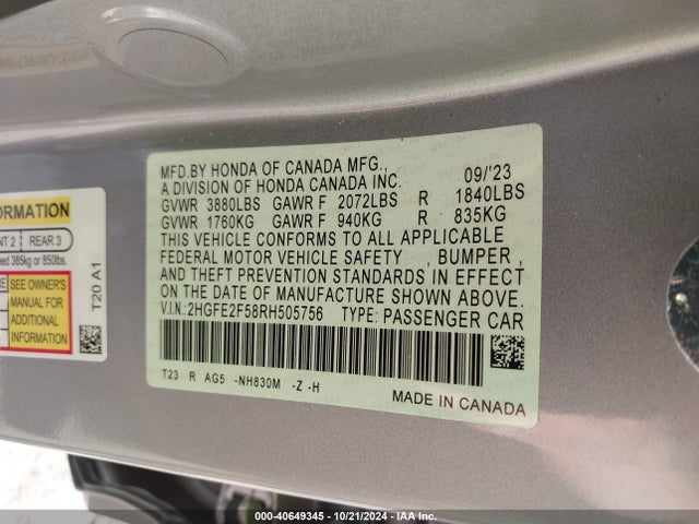 Honda Civic Sport 2024 2HGFE2F58RH505756 Image 9