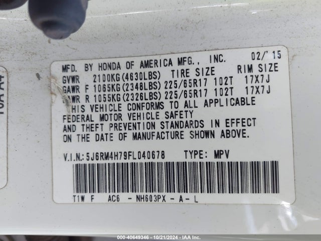 Honda Cr-v Ex-l 2015 5J6RM4H79FL040678 Image 9