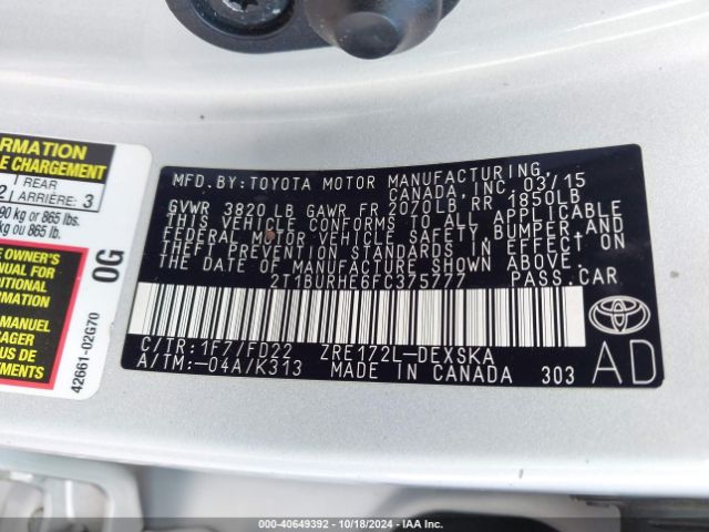 2T1BURHE6FC375777 Toyota Corolla S
