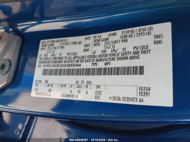 Ford ESCAPE SE 2017 1FMCU9GDXHUB55394 Image 9