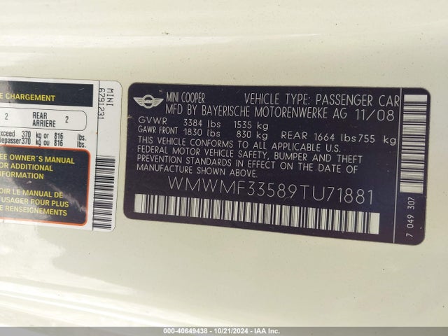 2009 MINI COOPER WMWMF33589TU71881 Photo 8