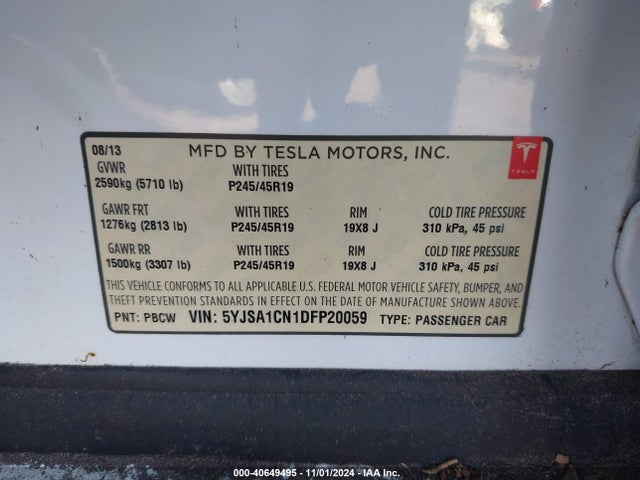2013 TESLA MODEL S 5YJSA1CN1DFP20059 Photo 8